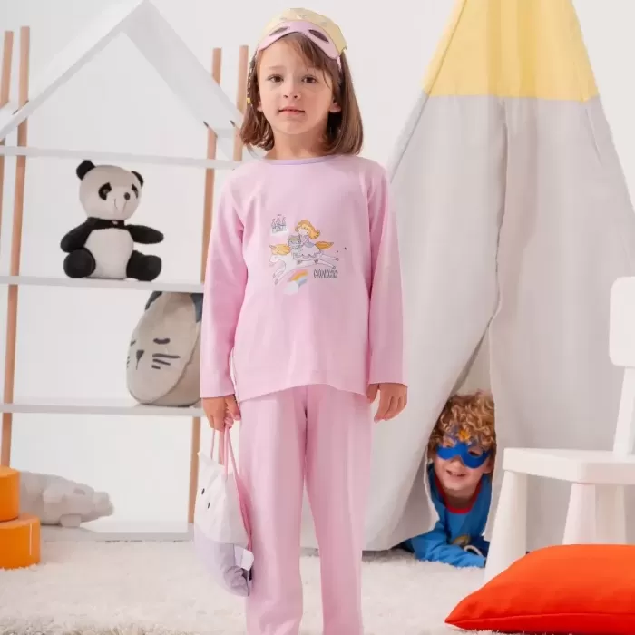 Unicorn Desenli Çanta Ve Maskeli % 100 Pamuk Kız Çocuk Pijama Takımı