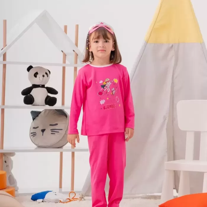 Heroıne Desenli Çanta Ve Maskeli % 100 Pamuk Kız Çocuk Pijama Takımı
