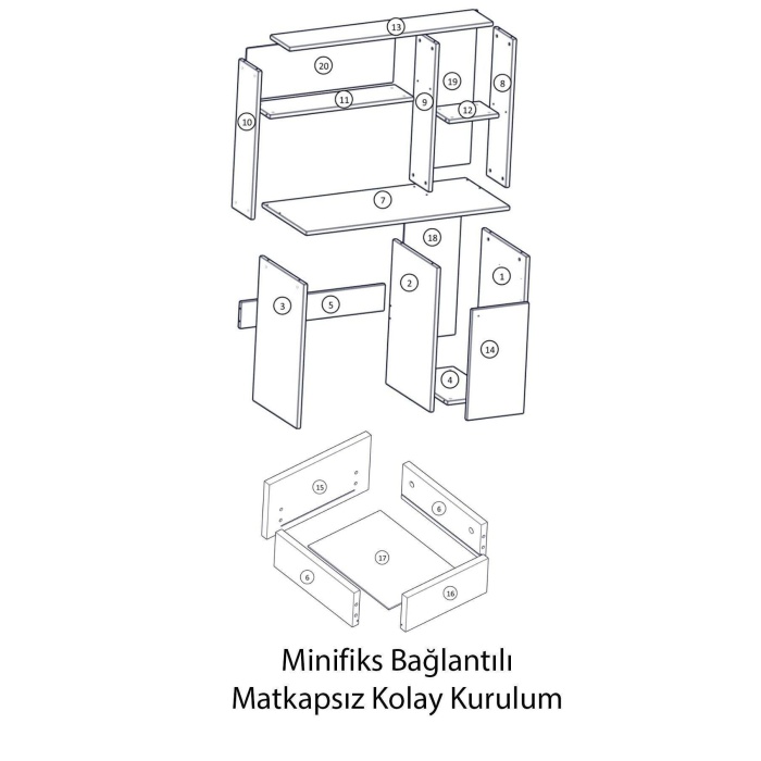 Çalışma Masası Parlak Beyaz Kitaplıklı Raflı Masa