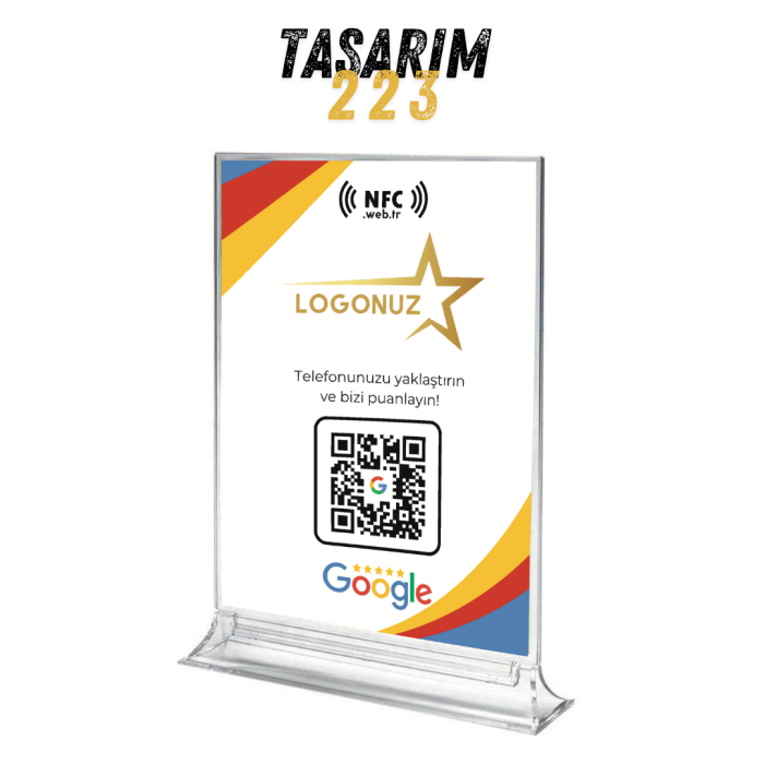 Logolu Masa Üstü NFC ve QR Kodlu Google Yorum ve Puanlama Standı Föylük TASARIM 223