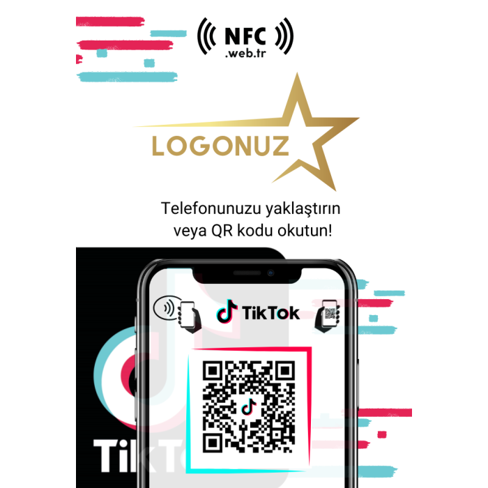 Logolu Masa Üstü NFC ve QR Kodlu TikTok Takip Standı Föylük TASARIM 241