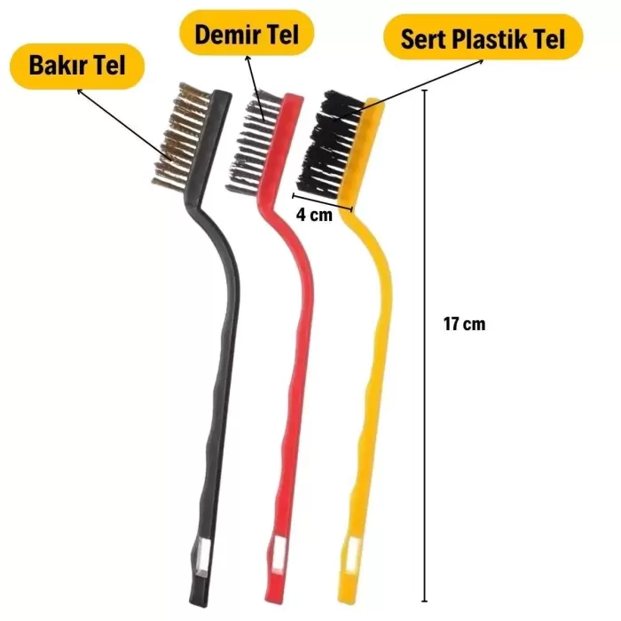 3 lü Detaylı Temizlik Bakır,Demir ve Sert Plastik Tel Fırça (4172)