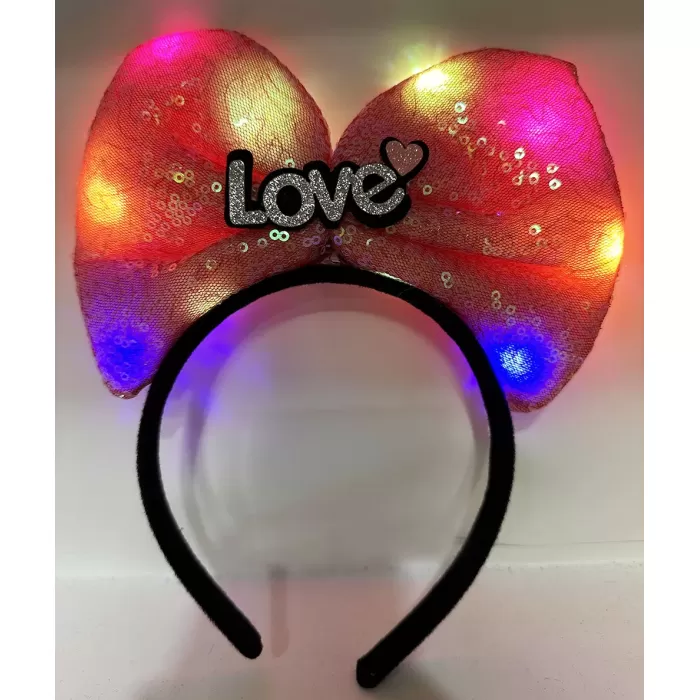 Led Işıklı 3 Farklı Fonksiyonda Yanan Gümüş Love Yazılı Fuşya Pembe Fiyonk Taç 20X17 cm (4172)