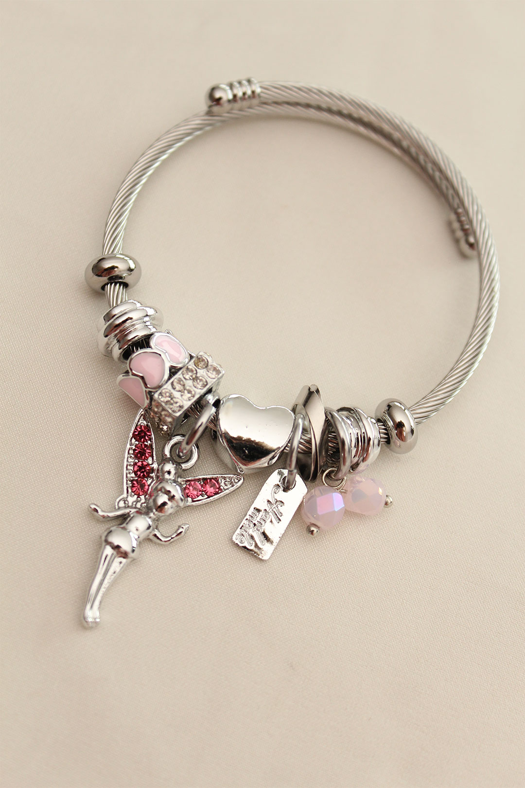 Pembe Zirkon Taşlı Kalp Detaylı Peri Model Charm Bilezik