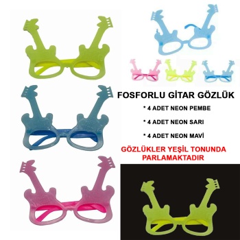 Fosforlu Gitar Model Glow Parti Gözlüğü Karanlıkta Yanan Gözlükler 12 Adet