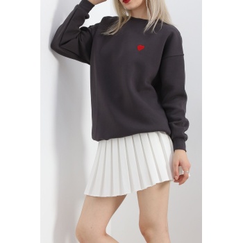 Kalp Nakışlı Şardonlu Oversize Sweat Füme - 21621.200.