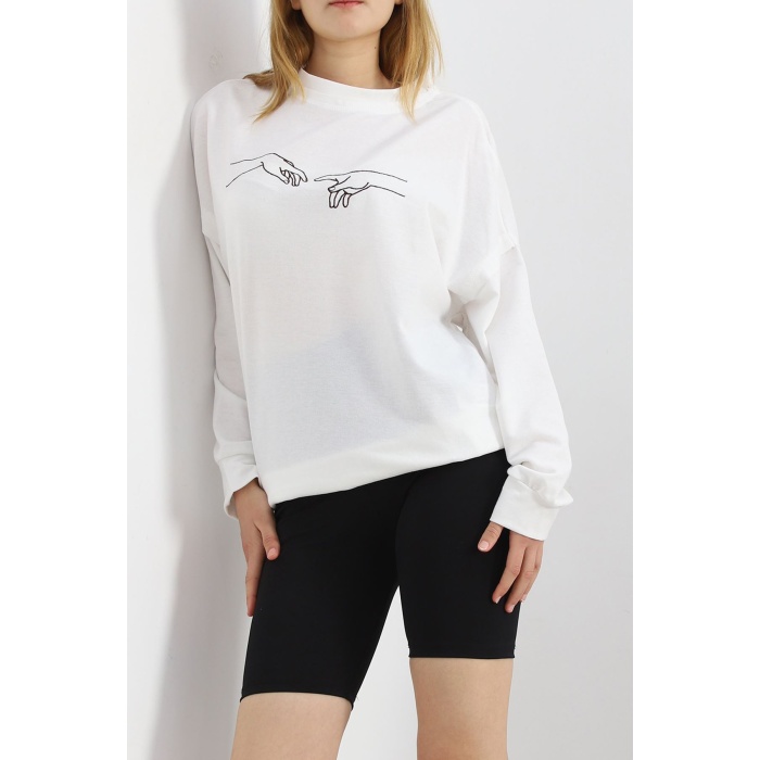 Nakışlı İki İplik Tunik Sweat Ekru - 21173.200.