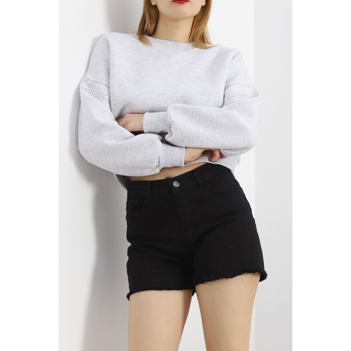 Kol Detay 3 İplik Crop Sweat Gri - 12691.148.