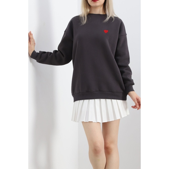 Kalp Nakışlı Şardonlu Oversize Sweat Füme - 21621.200.