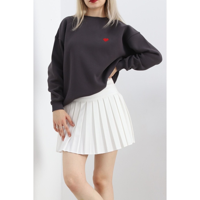 Kalp Nakışlı Şardonlu Oversize Sweat Füme - 21621.200.