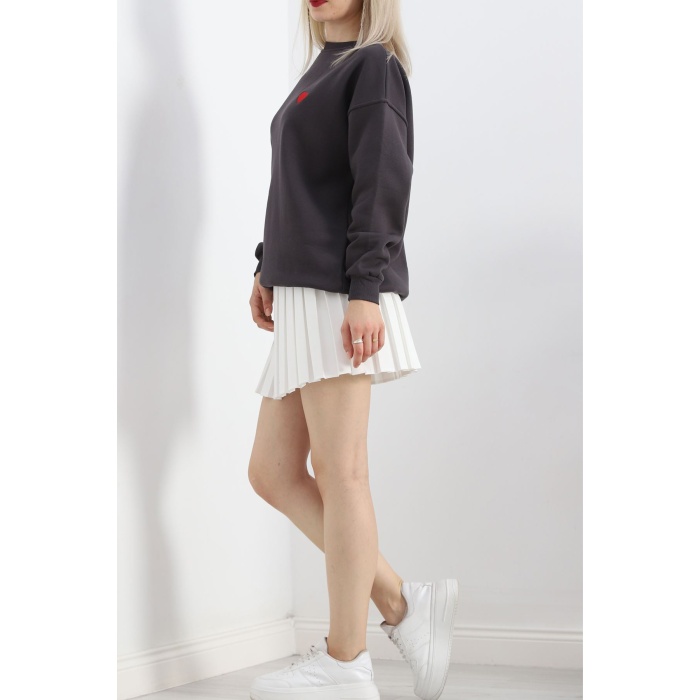 Kalp Nakışlı Şardonlu Oversize Sweat Füme - 21621.200.