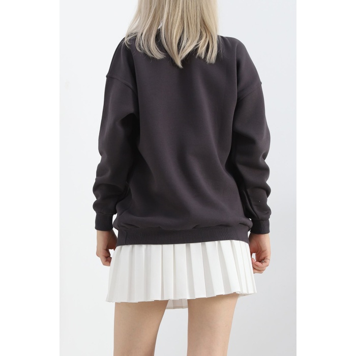 Kalp Nakışlı Şardonlu Oversize Sweat Füme - 21621.200.