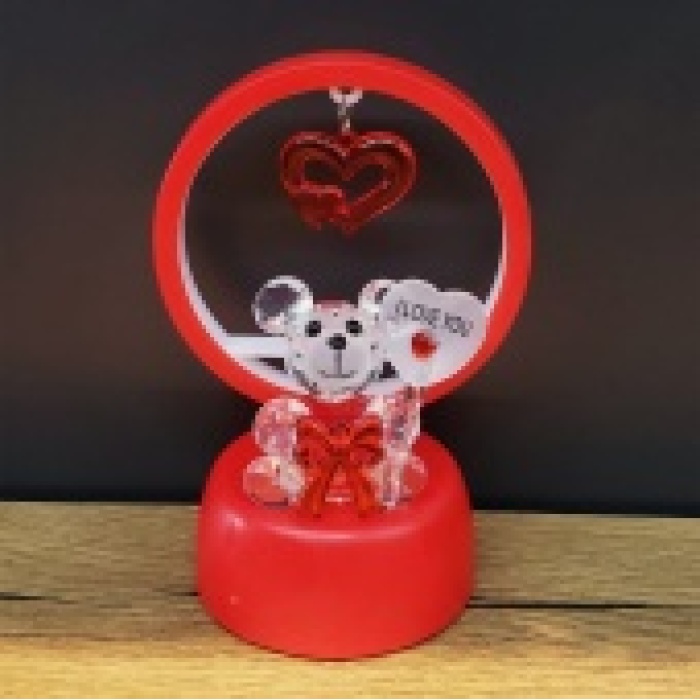 Dekoratif Işıklı Ayıcık I Love You Yazılı Kristal Biblo, Romantik Hediye ve LEDli Aksesuar 13x7cm
