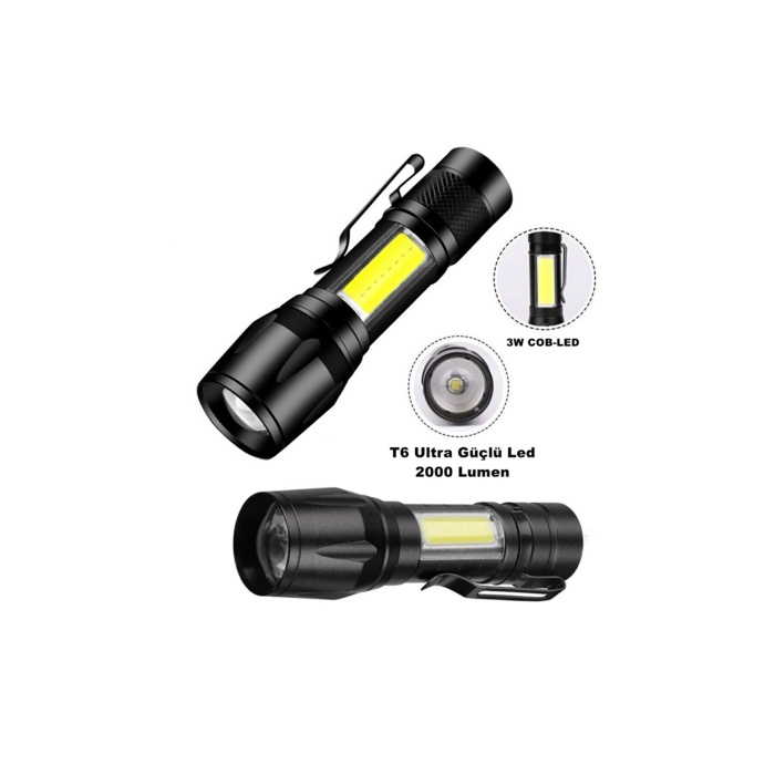 Ultra Çift Yönlü Güçlü Pilli Led El Feneri 2000 Lümen 6W Cob Led Su Geçirmez Zoomlu 3 Modlu