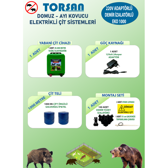 TORSAN 220V ADAPTÖRLÜ EKO PLUS 1000 Elektrikli Çit Sistemi ( Domuz - Ayı Kovucu ) 1000MT