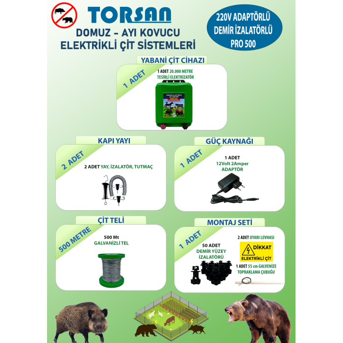 TORSAN 220V ADAPTÖRLÜ PRO PLUS 500 Elektrikli Çit Sistemi ( Domuz - Ayı Kovucu ) 500MT