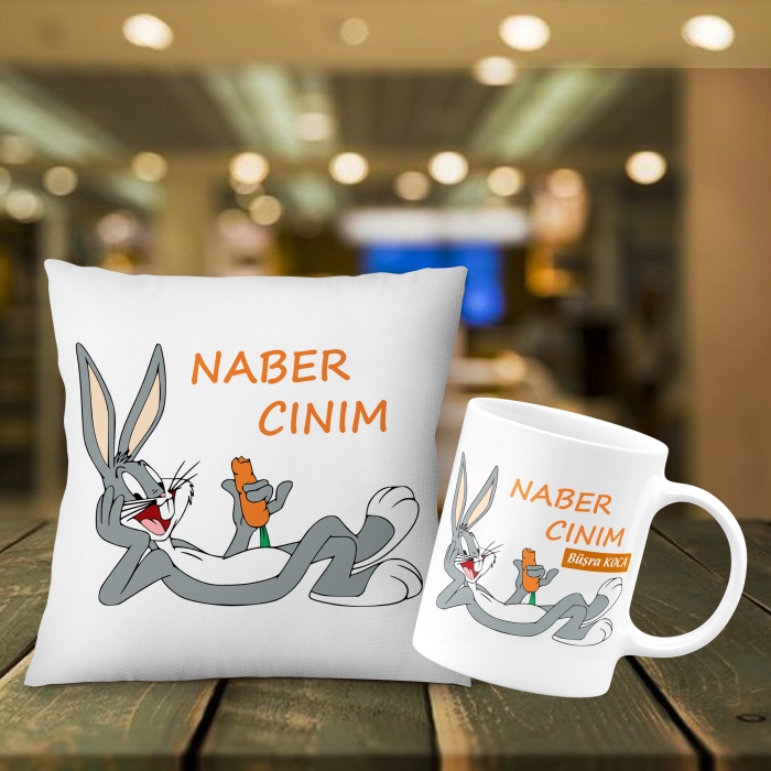 Kişiye Özel Bugs Bunny Naber Cınım Baskılı Yastık & Kupa Bardak