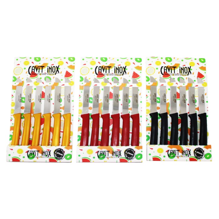 CAVİT İNOX EKODMY-6 ( 6PCS ) DİŞLİ MEYVE BIÇAK ( RENKLİ PLS.SAPLI )*100