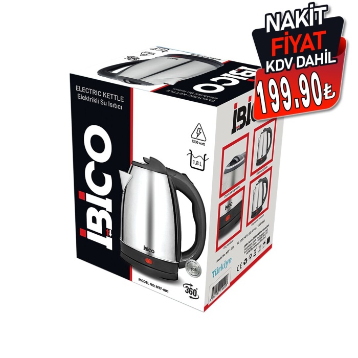 İBİCO MTF-001 ( ÇELİK ) KETTLE ELEKTRİKLİ SU ISITICISI ( 360° ) ( 1.8LT ) ( 1500W )*6