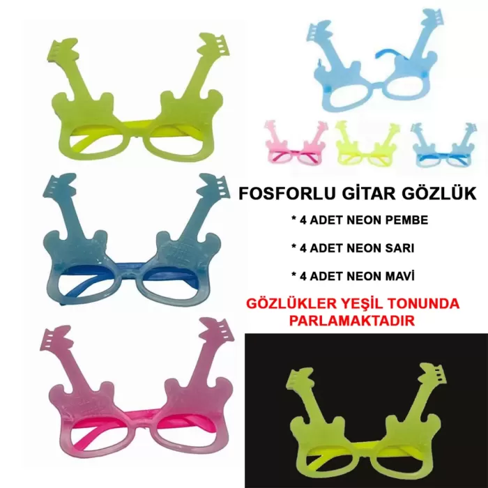 Gitar Model Fosforlu Glow Karanlıkta Yanan Parti Gözlüğü 12 Adet