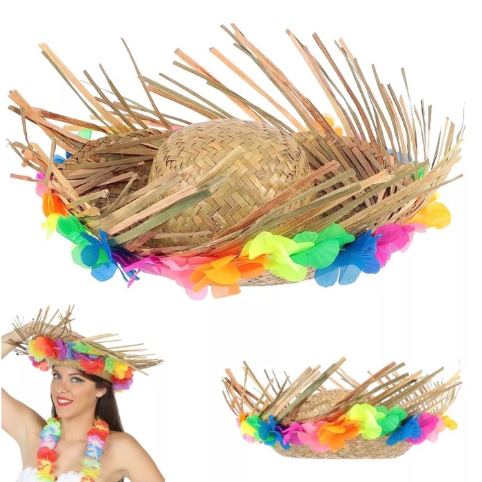 Hawaii Luau Aloha Hasır Şapka - Renkli Çiçekli Püsküllü Naturel Örme Model