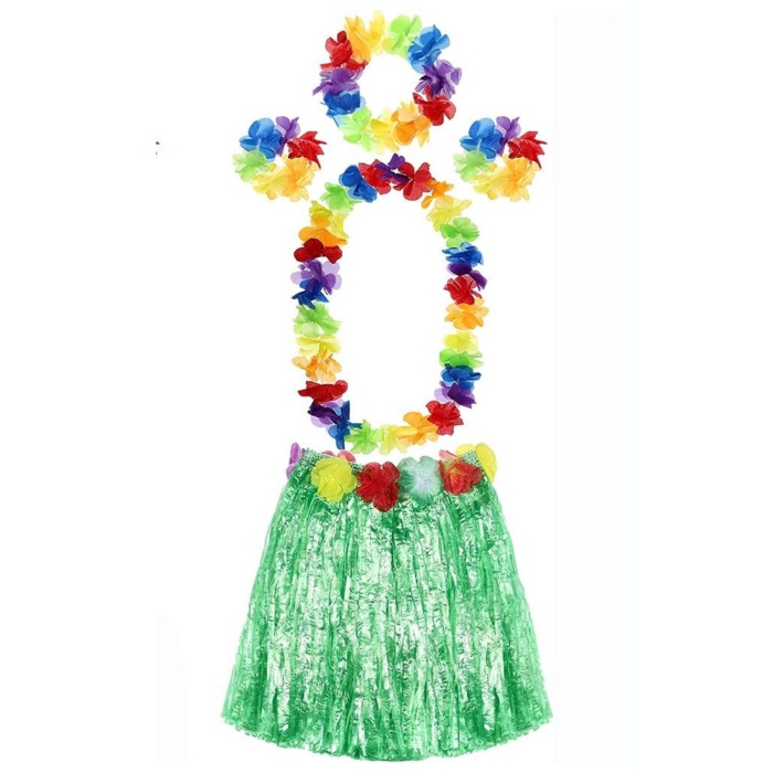 Luau Aloha Hawaii Parti Seti - Yeşil Etek Renkli Çiçek Kolye Taç Bileklik Yetişkin Çocuk Uyumlu
