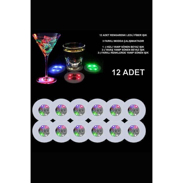 Renkli LED Işıklı Dekoratif Pilli Bardak Altlığı - 12 Adet