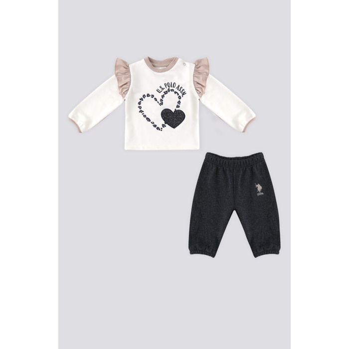 U.S. Polo Assn Krem Kalp Baskı Fırfır Detay Bebek 2 Li Takım