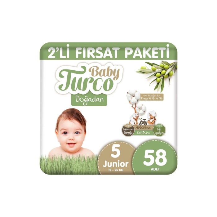 Baby Turco Doğadan Bebek Bezi 2Li Fırsat Paketi No:5 58 Adet