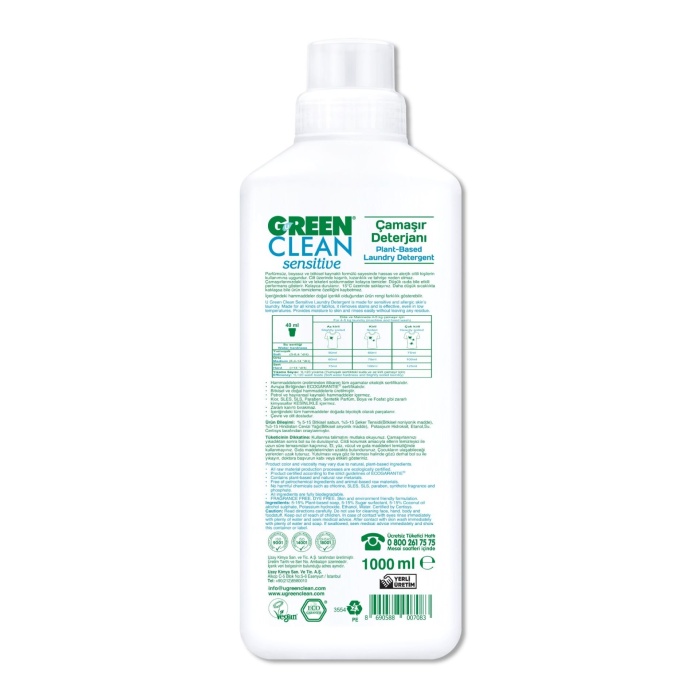 Green Clean Sensitive Parfümsüz Bitkisel Çamaşır Deterjanı 1000ml