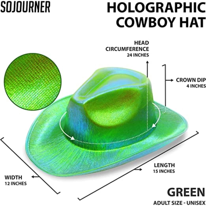 Neon Hologramlı Kovboy Model Parti Şapkası Yeşil Yetişkin 39x36x14 Cm