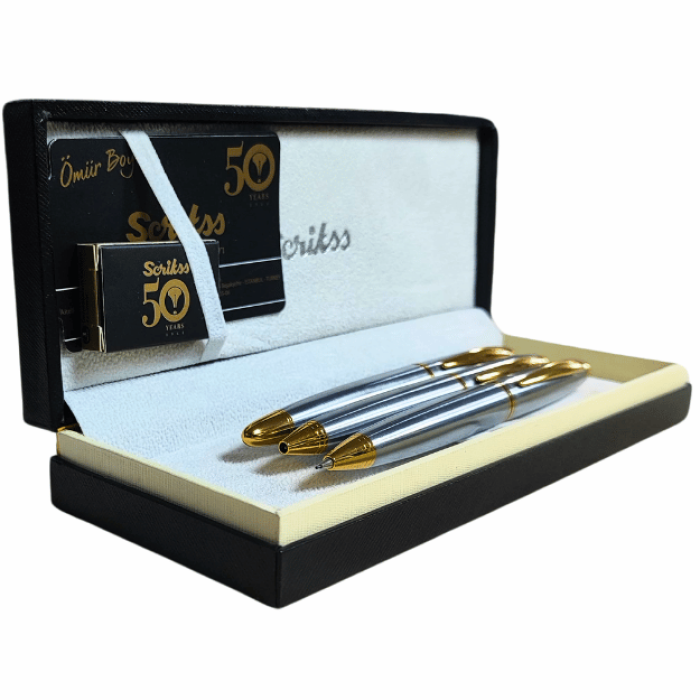 Scrikss Knight 88 3lü Set | Tükenmez + Dolma Kalem + Versatil Kalem | Gold Krom Set