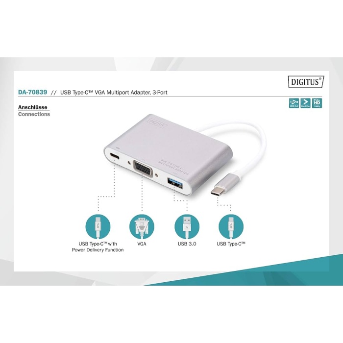 Digitus Da-70839 Usb Type-c Vga Multiport Dönüştürücü Adaptör, 3-port 1080p