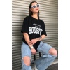 Siyah Houston Baskılı Oversize Kadın T-shirt