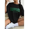 Kadın Oversize Hapiness Baskılı Siyah T-shirt