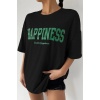 Kadın Oversize Hapiness Baskılı Siyah T-shirt