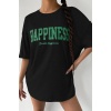 Kadın Oversize Hapiness Baskılı Siyah T-shirt