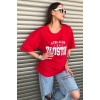 Kırmızı Houston Logo Baskılı Oversize Kadın T-shirt