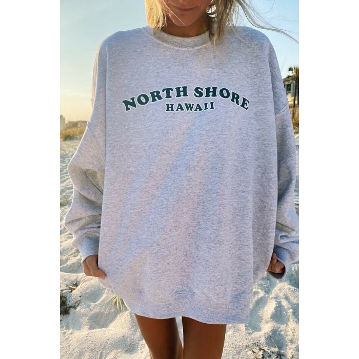 Kadın Gri North Shore Baskılı Oversize Sweatshirt