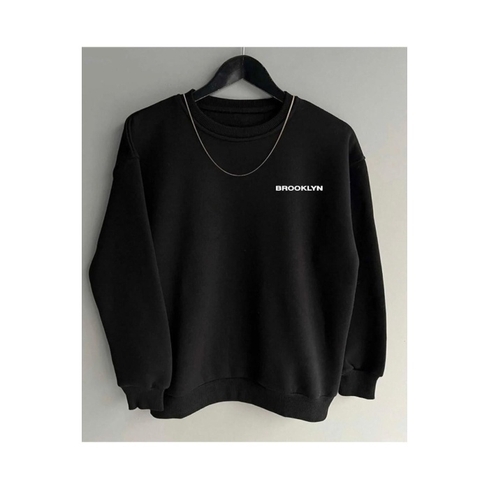 Siyah Oversize Brooklyn Baskılı Pamuklu Kapşonsuz 0 Yaka Unisex Sweatshirt