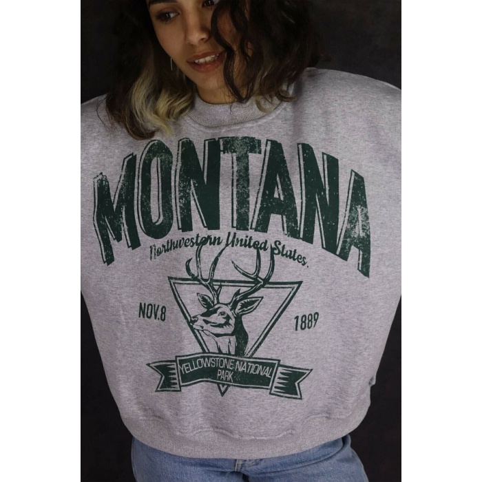 Blackjackgiyim Kadın Gri Montana Baskılı Sweatshirt