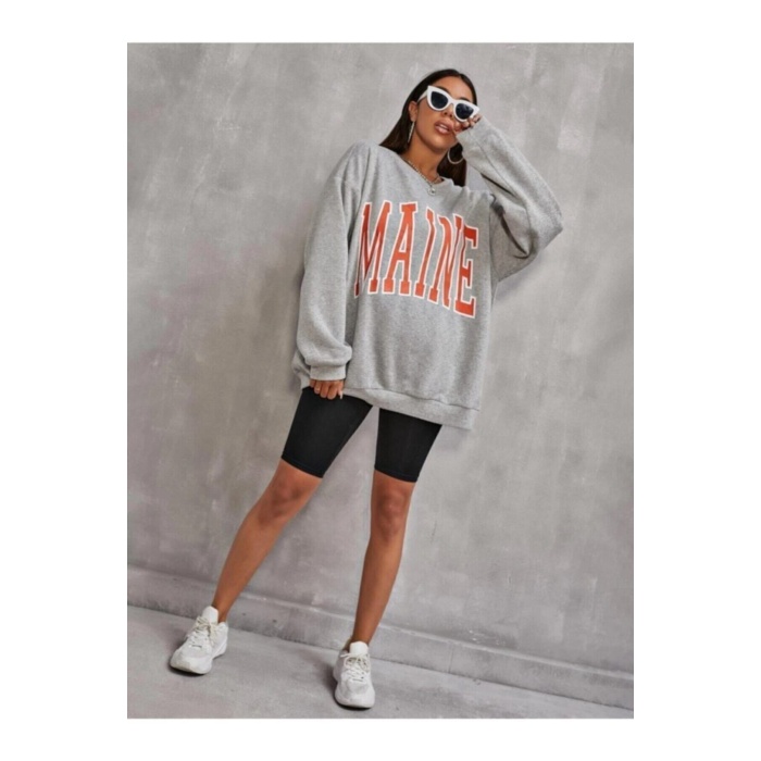 Kadın Gri Maine Baskılı Sweatshirt