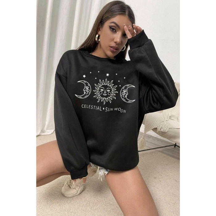 Blackjackgiyim Kadın Oversize Güneş Ve Ay Baskılı Sweatshirt