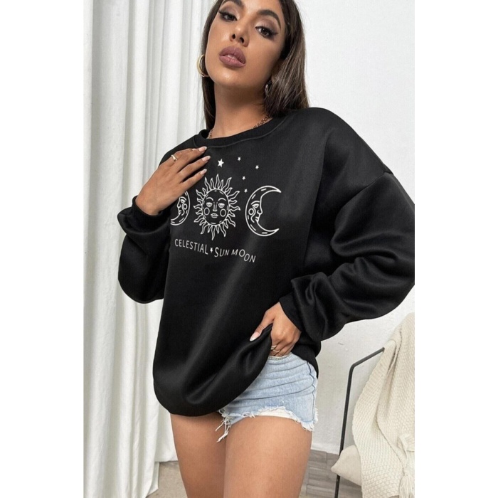 Blackjackgiyim Kadın Oversize Güneş Ve Ay Baskılı Sweatshirt