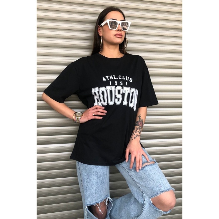 Siyah Baskılı Oversize Kadın T-shirt Unisex