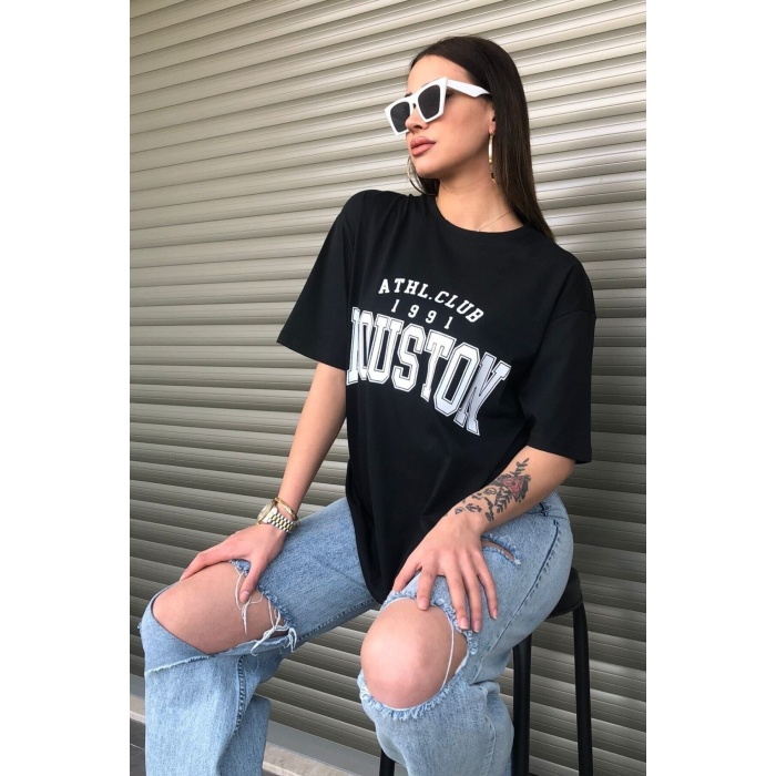 Siyah Baskılı Oversize Kadın T-shirt Unisex