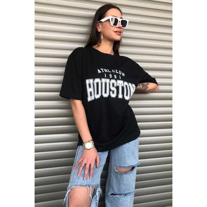 Siyah Baskılı Oversize Kadın T-shirt Unisex