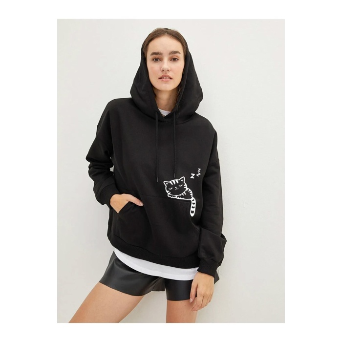 Cep Üstünde Kedi Baskılı Kapüşönlü Sweatshirt