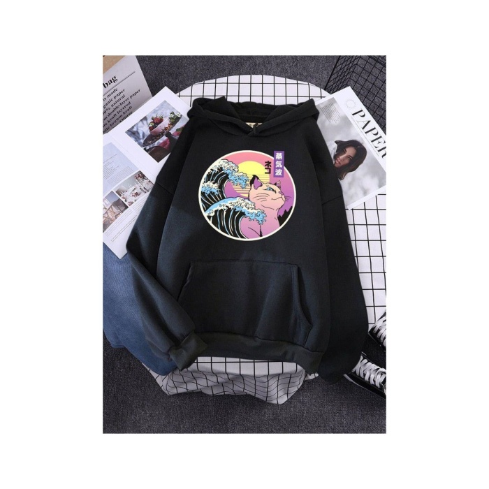 Unisex Pink Cat Baskılı Sweatshirt