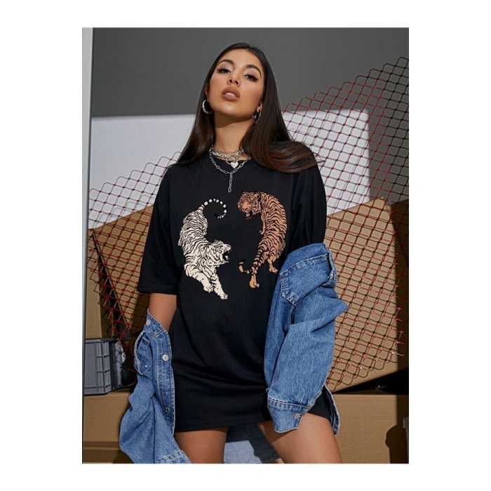 Siyah Kaplan Baskılı Oversize Penye T-shirt